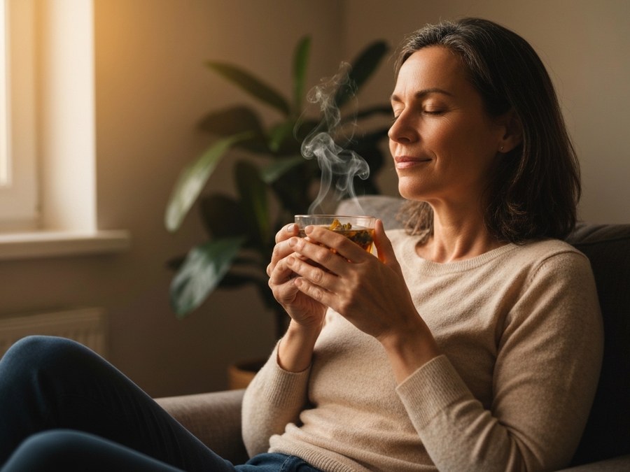 Spokojna osoba dorosła relaksująca się w otoczeniu zieleni, symbolizująca odprężenie i dbałość o równowagę psychiczną.